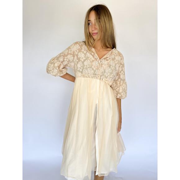Vintage Sheer Lace Midi Dress Set - Cream Lingerie Slip & Jacket - Picture 5 of 9